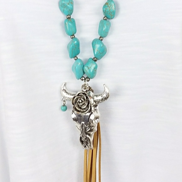 Tipi Jewelry - Long skull steer turquoise tassel necklace western